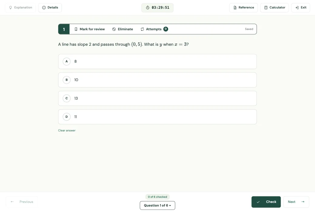 An SAT Math practice question with answer choices and the calculator button